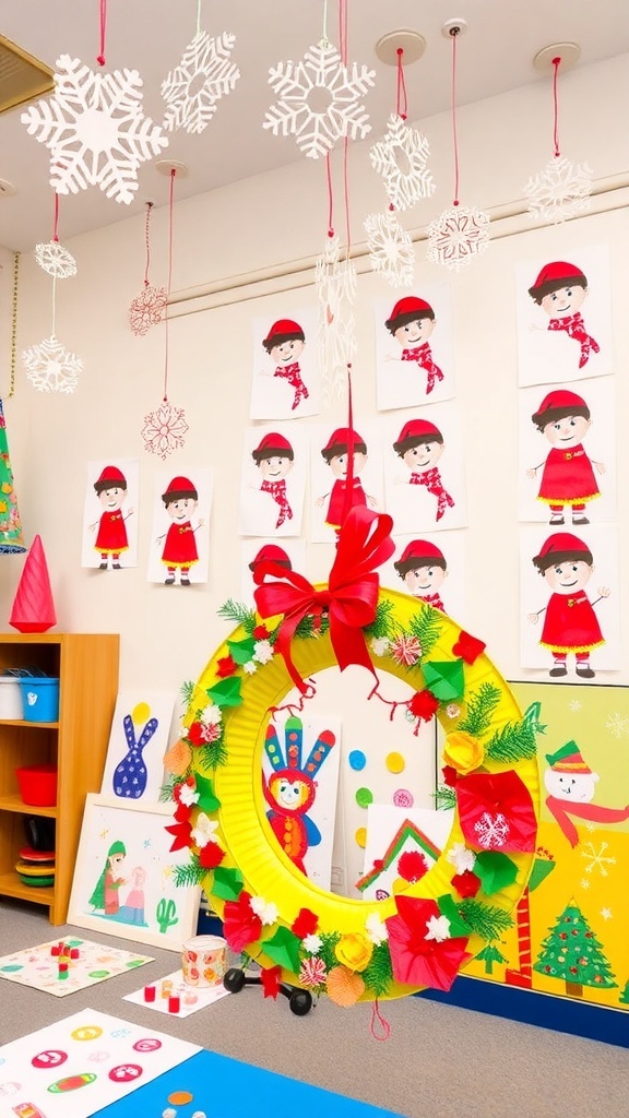 A collection of handmade Christmas decorations including paper snowflakes, handprint Santas, and a paper plate wreath.